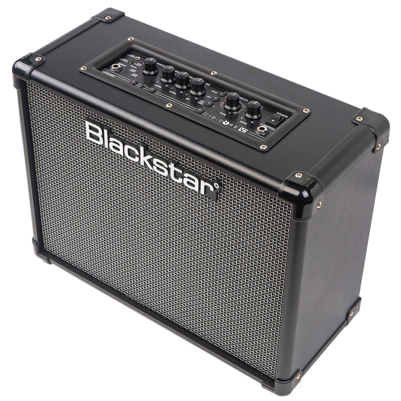 Fotografía del amplificador Blackstar ID:CORE V4 Stereo 40, con diseño compacto en color negro, panel frontal con controles, ideal para estudio y práctica casera.

