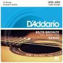 Cuerdas D'Addario EZ940 para guitarra acústica de 12 cuerdas, calibre 10-50