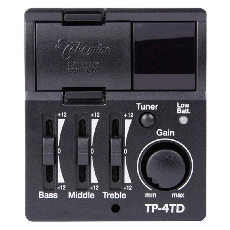 Preamp Takamine TP-4TD con afinador integrado, control de gain y ecualizador de tres bandas.
