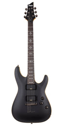 Guitarra eléctrica Schecter Demon‑6 aged black satin vista frontal con diseño gótico