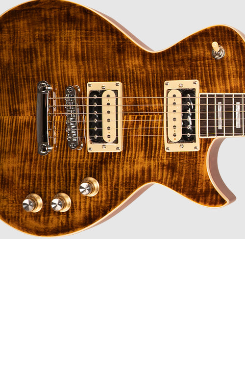 Detalle del cuerpo de caoba y tapa de arce flameado