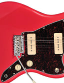 Detalle de las pastillas Tagima P-90 y el pickguard tortoise en guitarra tw-61 color rojo