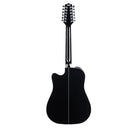 Docerola Takamine negra con tapa sólida de abeto y cutaway.