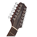 headstock Docerola Takamine Natural con tapa sólida de abeto y cuerpo Dreadnought.