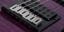 Detalle del puente de la guitarra schecter pt pro trans purple burst