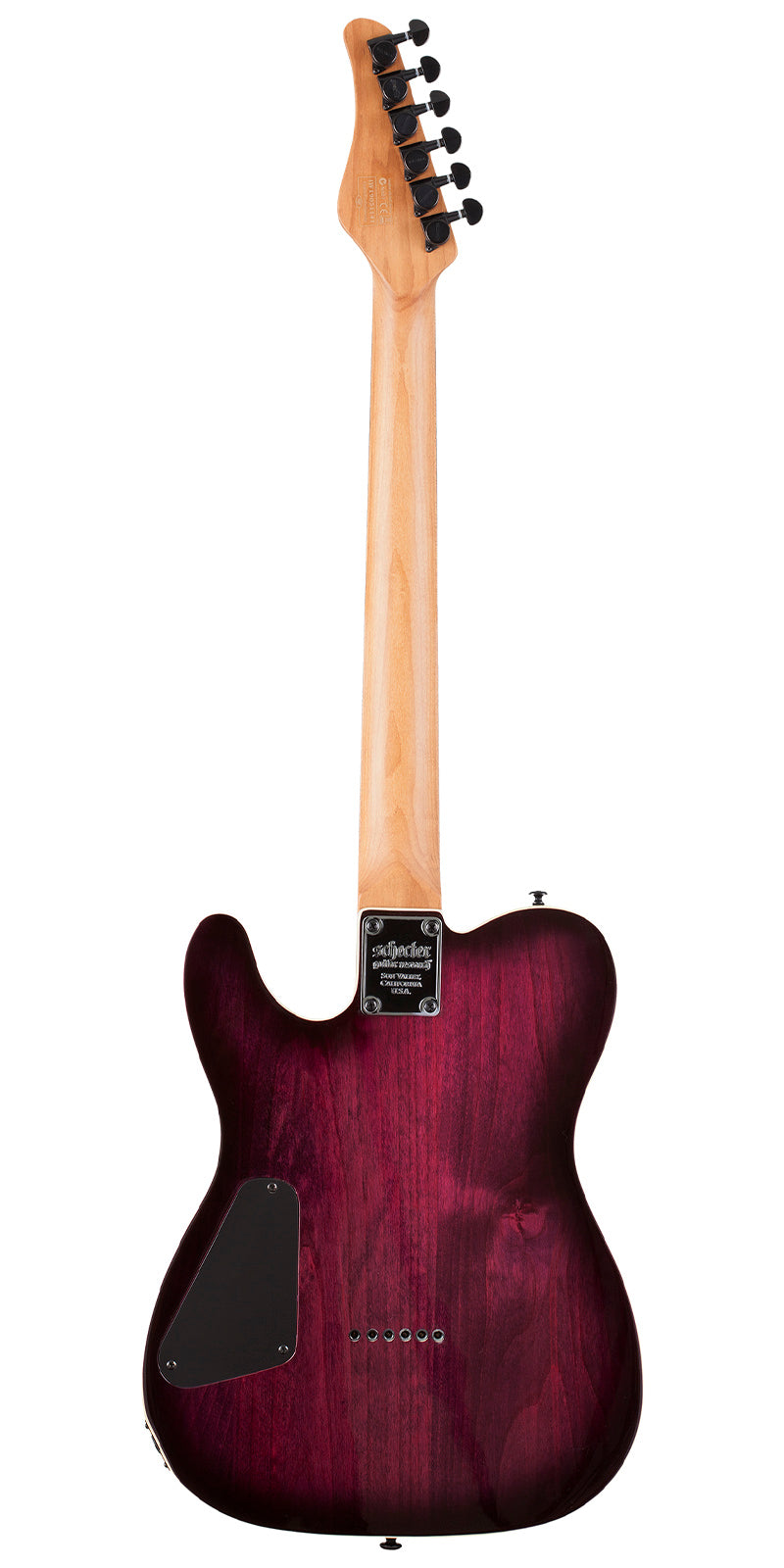 Vista trasera de la guitarra eléctrica Schecter PT Pro en acabado Trans Purple Burst